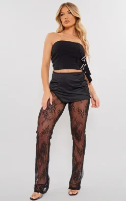Black Stretch Woven Asymmetric Hem Buckle Detail Top