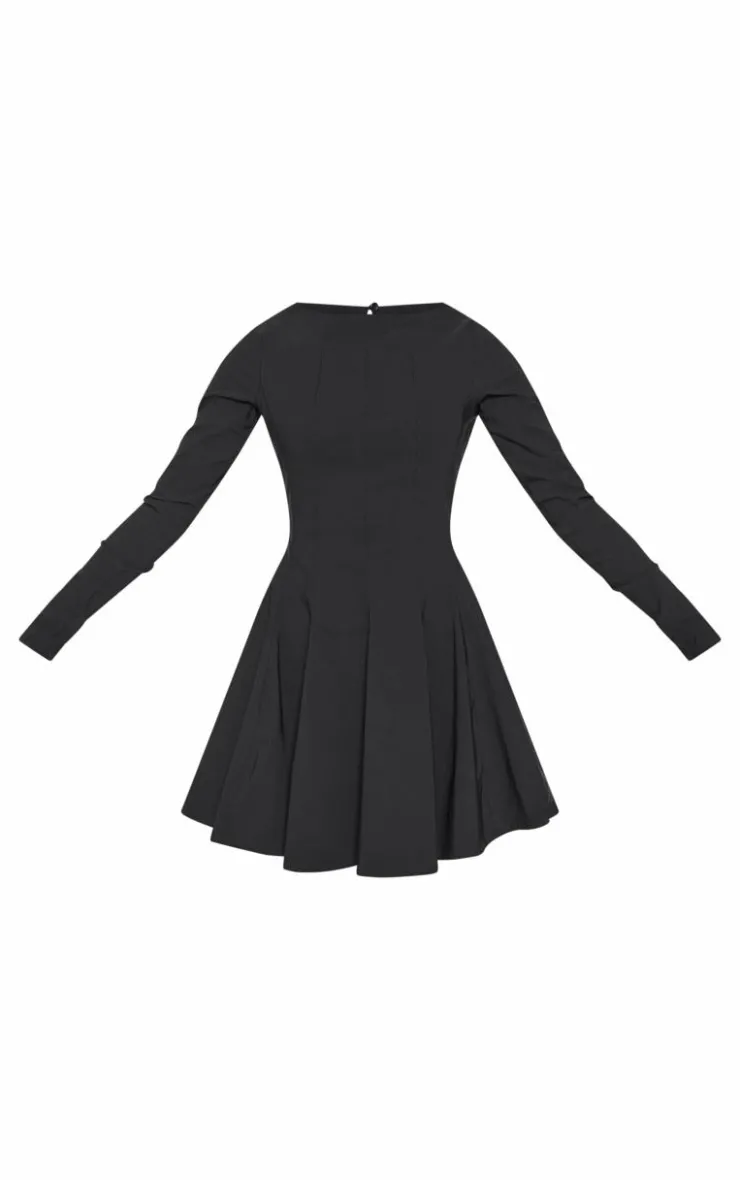 Stretch Woven Boat Neck Long Sleeve Pleated Shift Dress-PrettyLittleThing Hot
