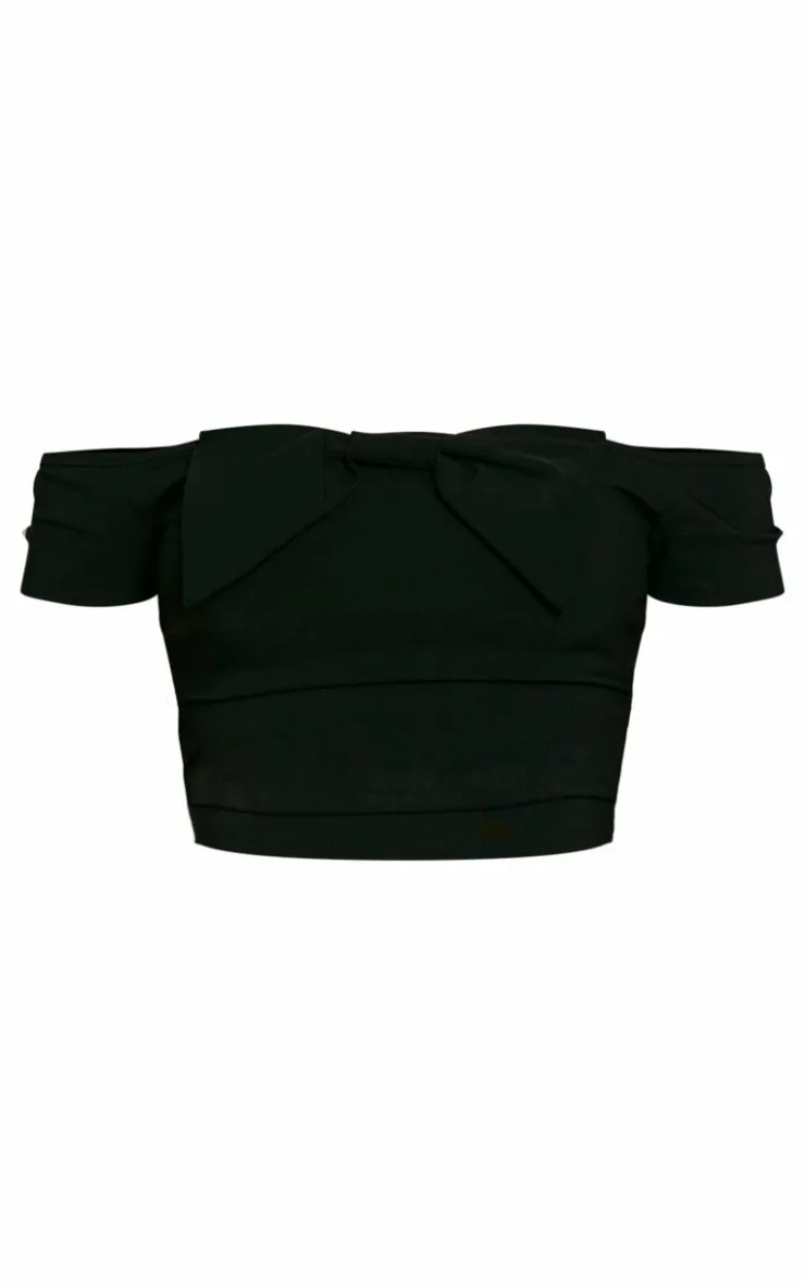 New PrettyLittleThing Stretch Woven Bow Front Off Shoulder Top Black