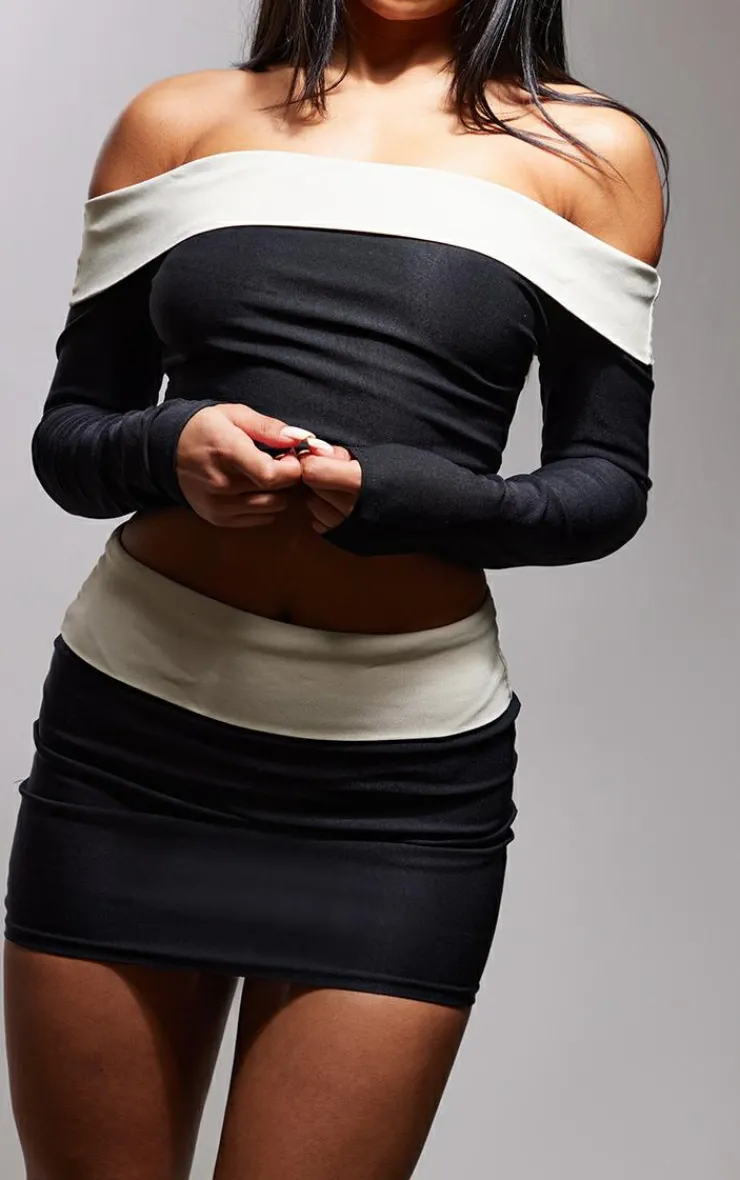 Outlet PrettyLittleThing Stretch Woven Fold Over Detail Bardot Long Sleeved Top Black