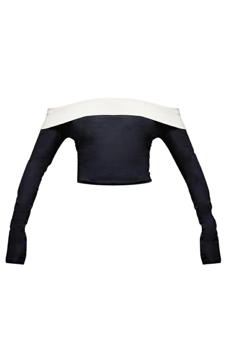 Outlet PrettyLittleThing Stretch Woven Fold Over Detail Bardot Long Sleeved Top Black