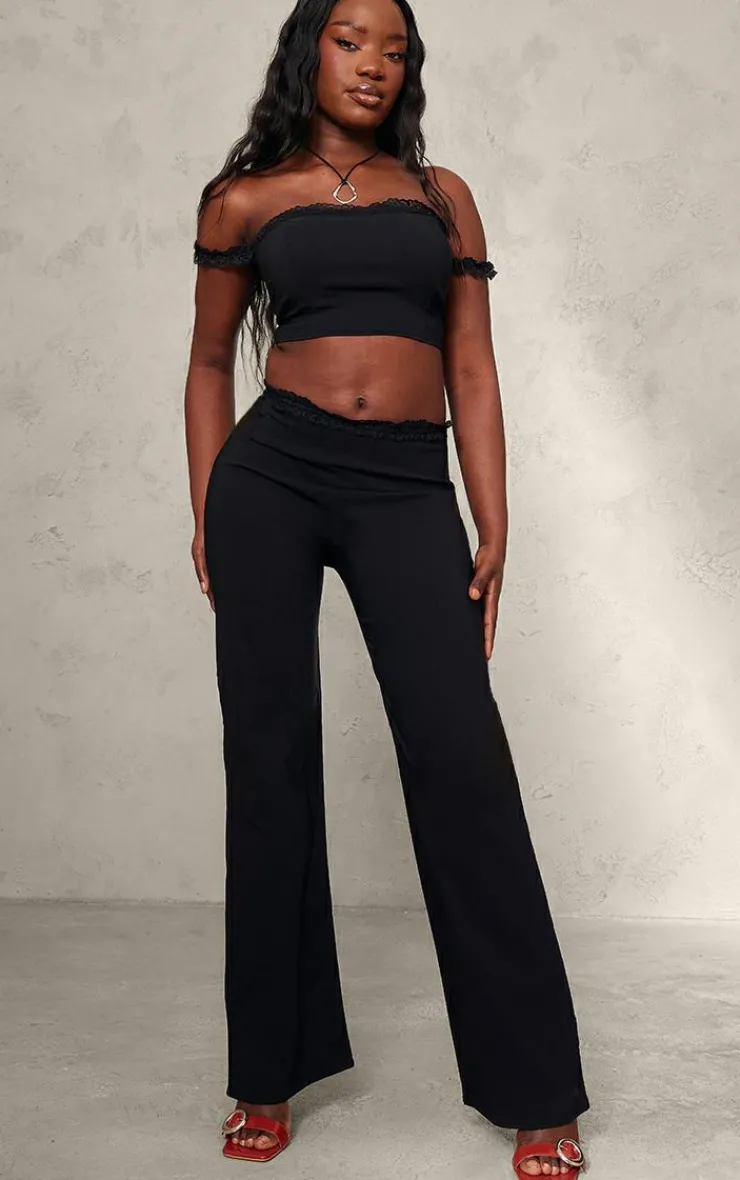 Online PrettyLittleThing Stretch Woven Lace Hem Detail Pants Black
