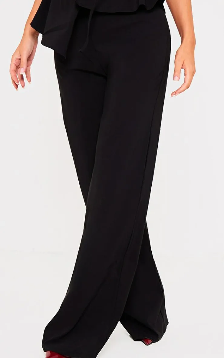 Online PrettyLittleThing Stretch Woven Mid Rise Wide Leg Pants Black
