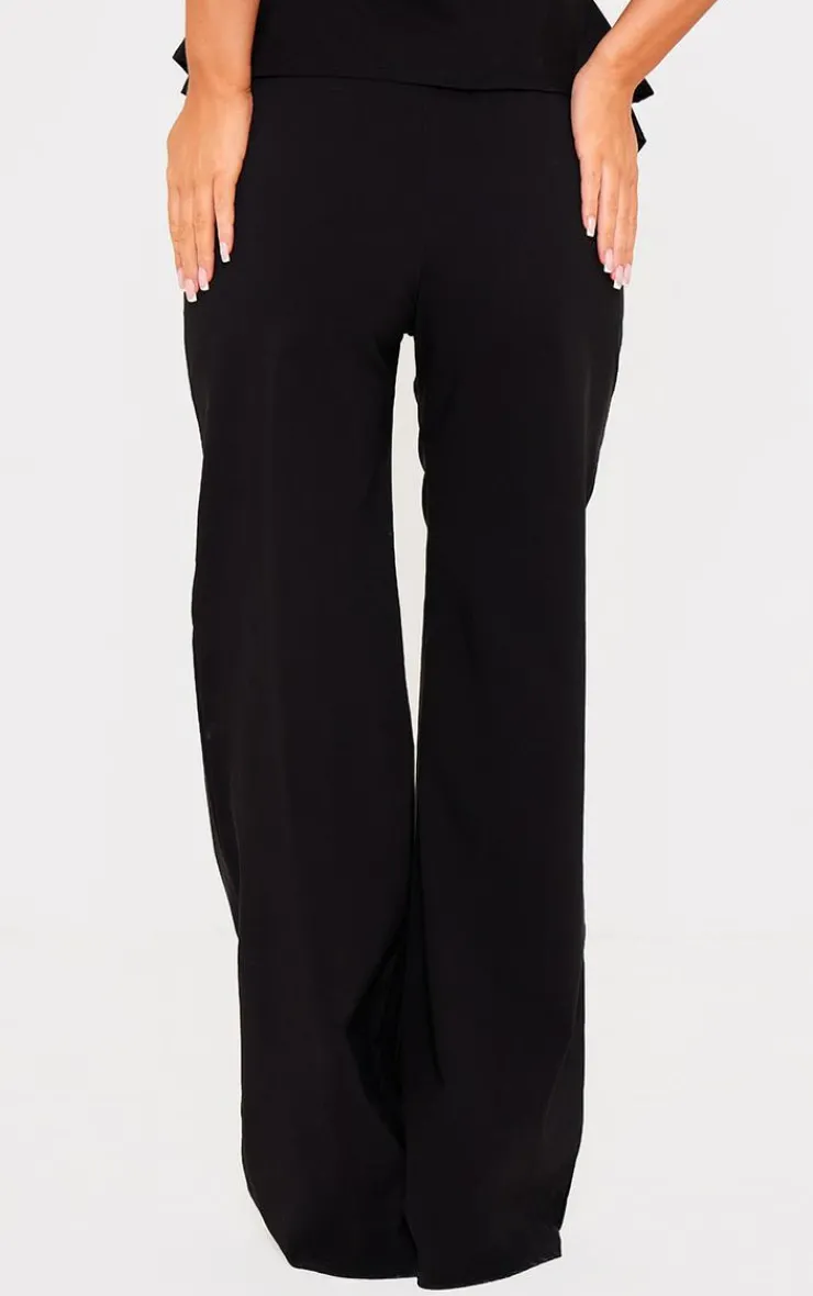 Online PrettyLittleThing Stretch Woven Mid Rise Wide Leg Pants Black