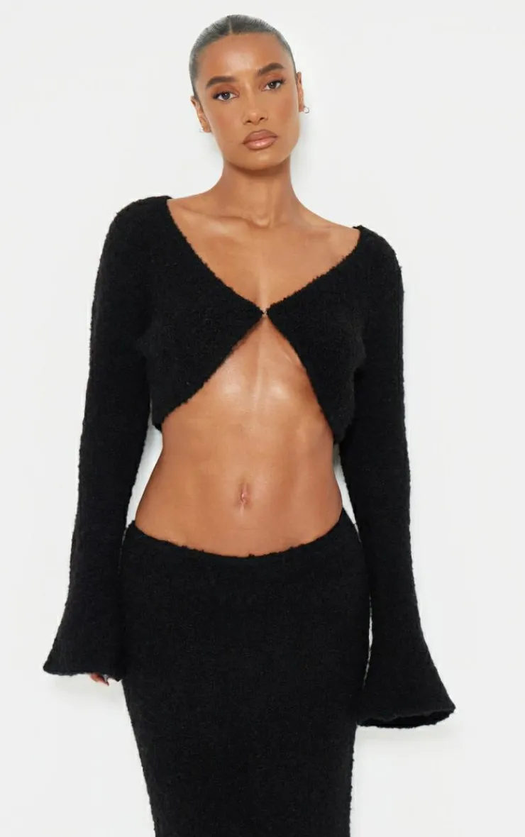 Hot PrettyLittleThing Stripe Textured Knit Flared Sleeve Mini Cardigan Black