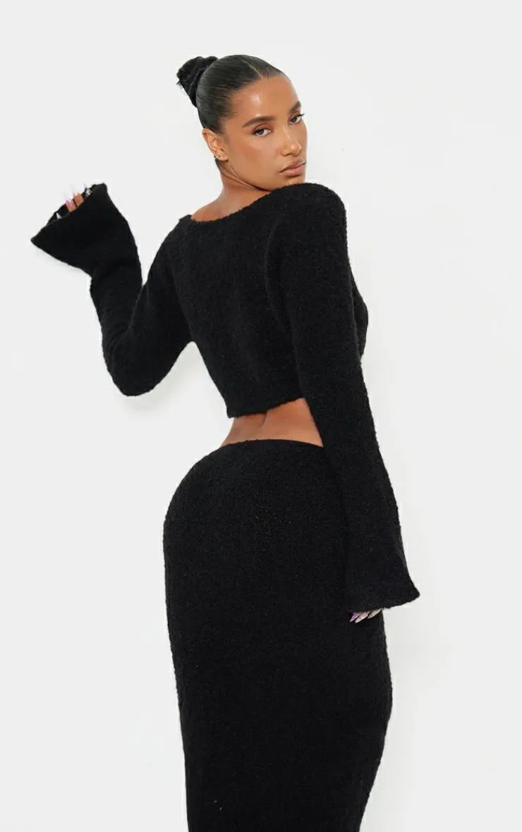Hot PrettyLittleThing Stripe Textured Knit Flared Sleeve Mini Cardigan Black