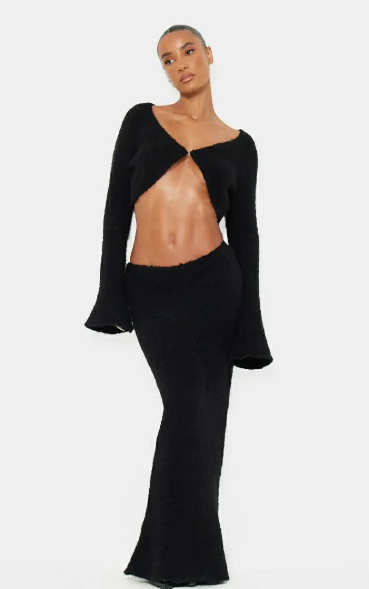 Hot PrettyLittleThing Stripe Textured Knit Flared Sleeve Mini Cardigan Black