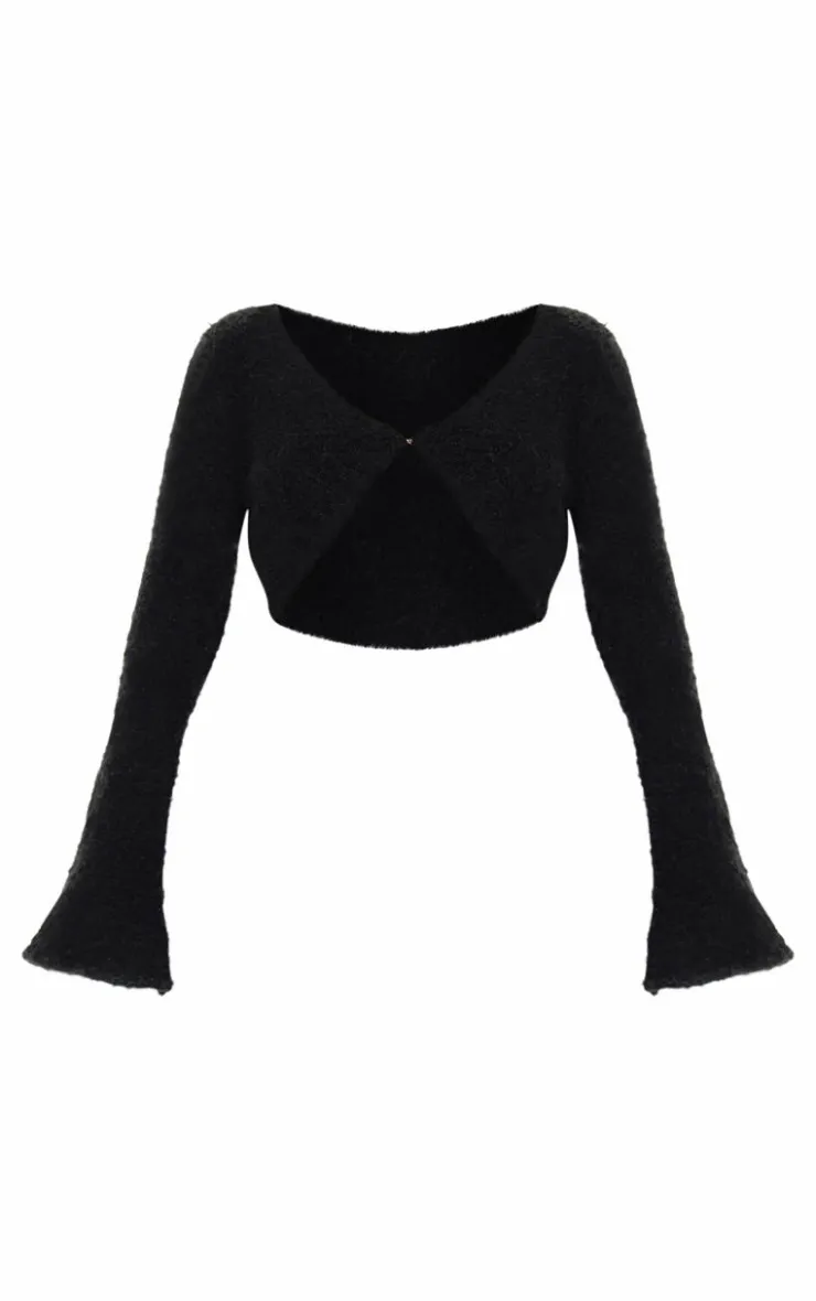 Hot PrettyLittleThing Stripe Textured Knit Flared Sleeve Mini Cardigan Black