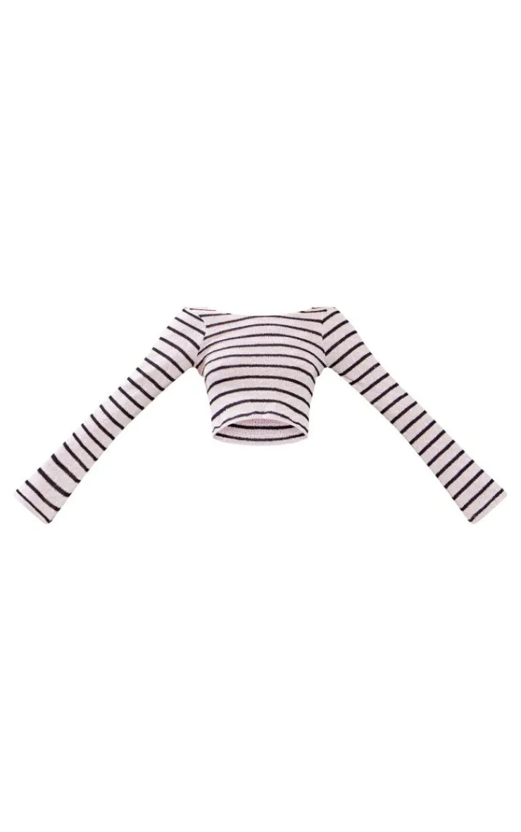 Hot PrettyLittleThing Striped Textured Rib Long Sleeve Backless Crop Top Black
