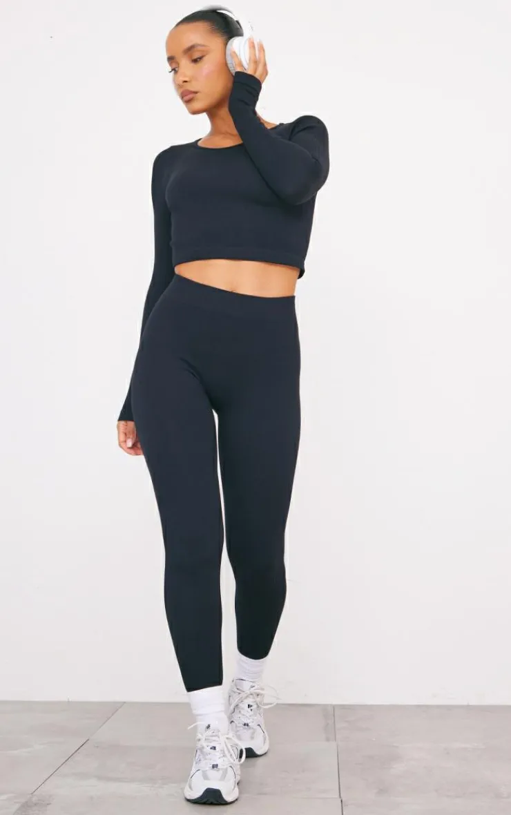 Online PrettyLittleThing Structured Snatched Ribbed Leggings Black
