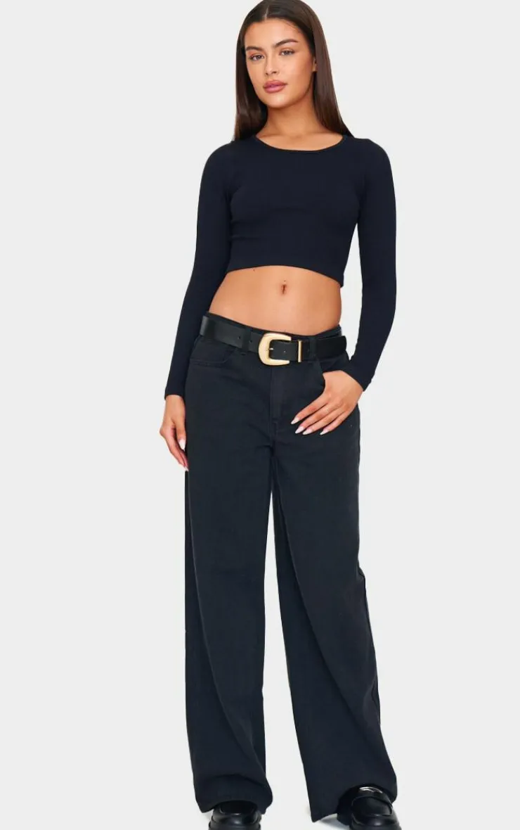 Discount PrettyLittleThing Structured Snatched Ribbed Round Neck Long Sleeve Crop Top Black