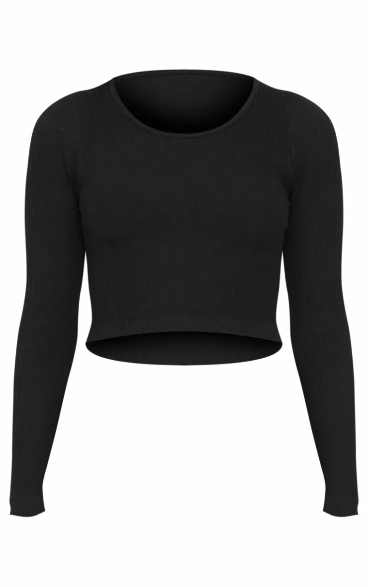 Discount PrettyLittleThing Structured Snatched Ribbed Round Neck Long Sleeve Crop Top Black
