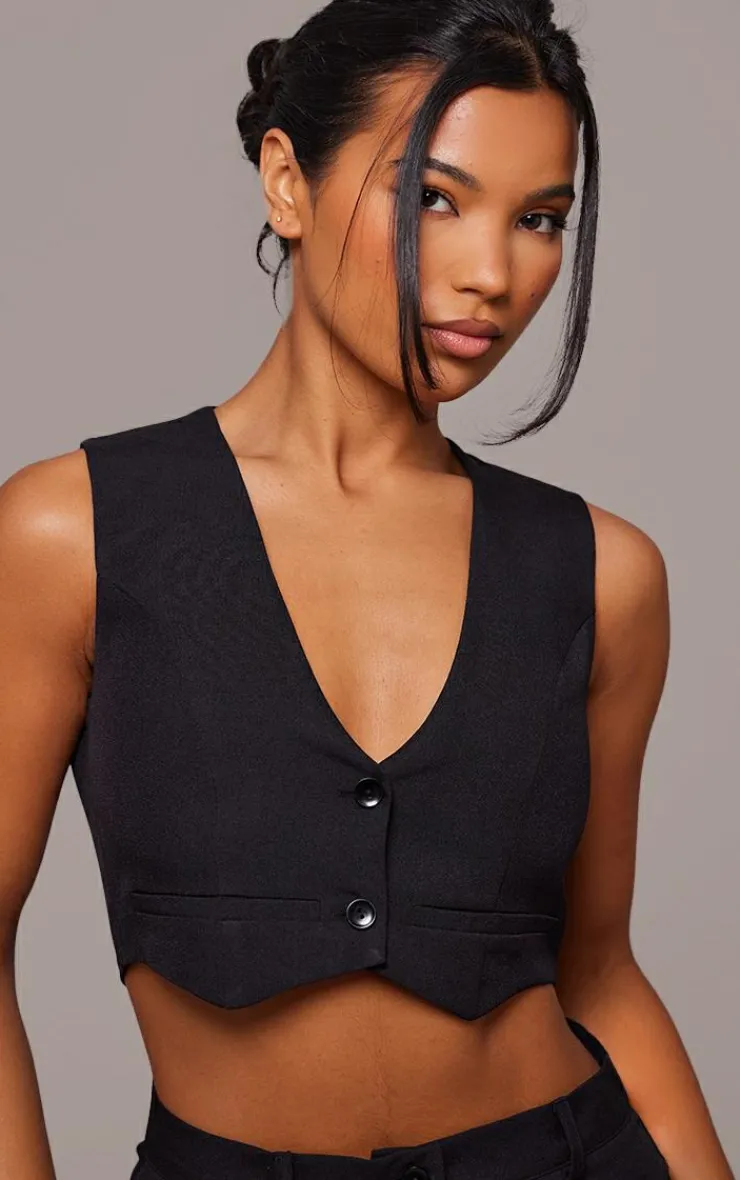 Discount PrettyLittleThing Tailored Cropped Seam Detail Vest Black