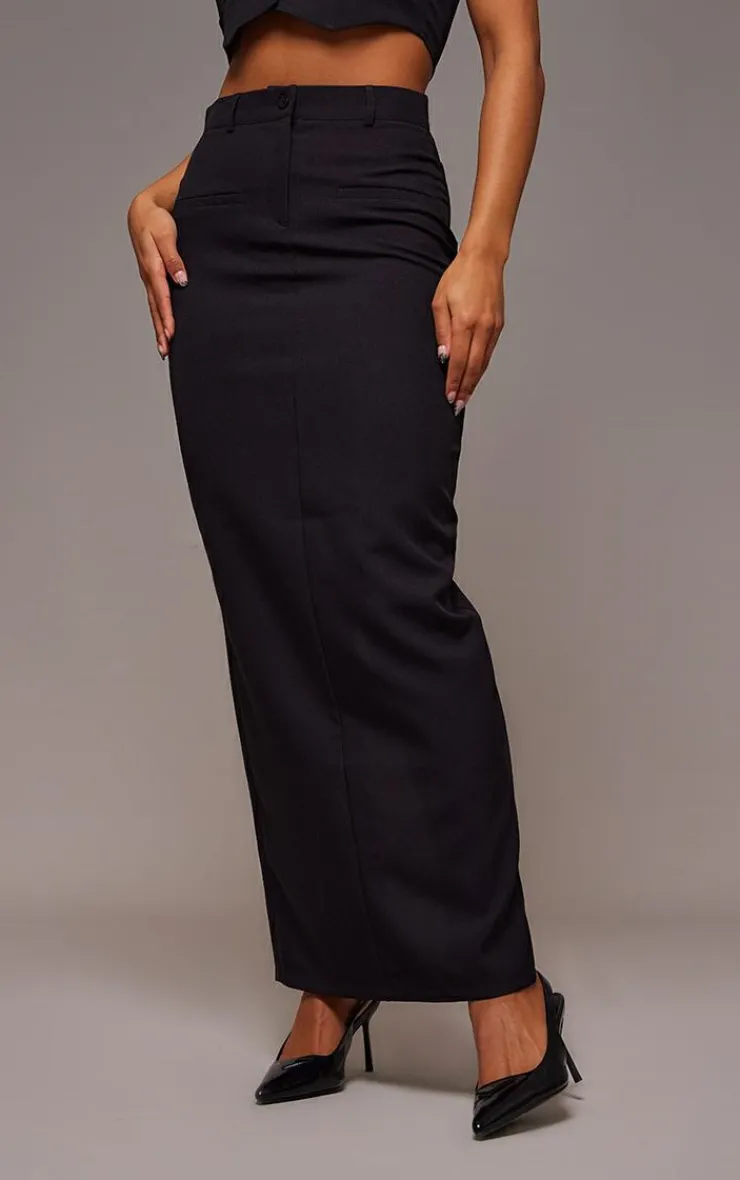 Online PrettyLittleThing Tailored Seam Detail Back Pocket Maxi Skirt Black