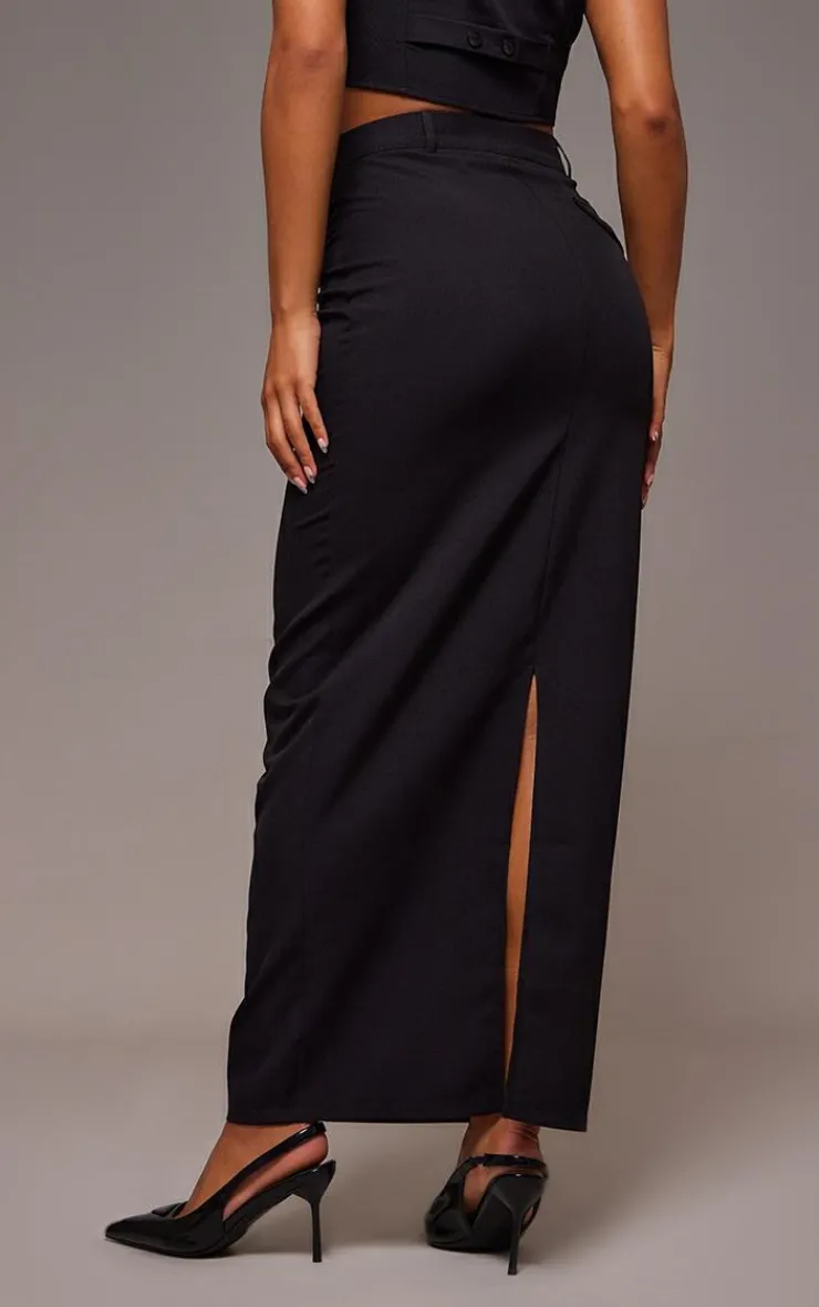 Online PrettyLittleThing Tailored Seam Detail Back Pocket Maxi Skirt Black