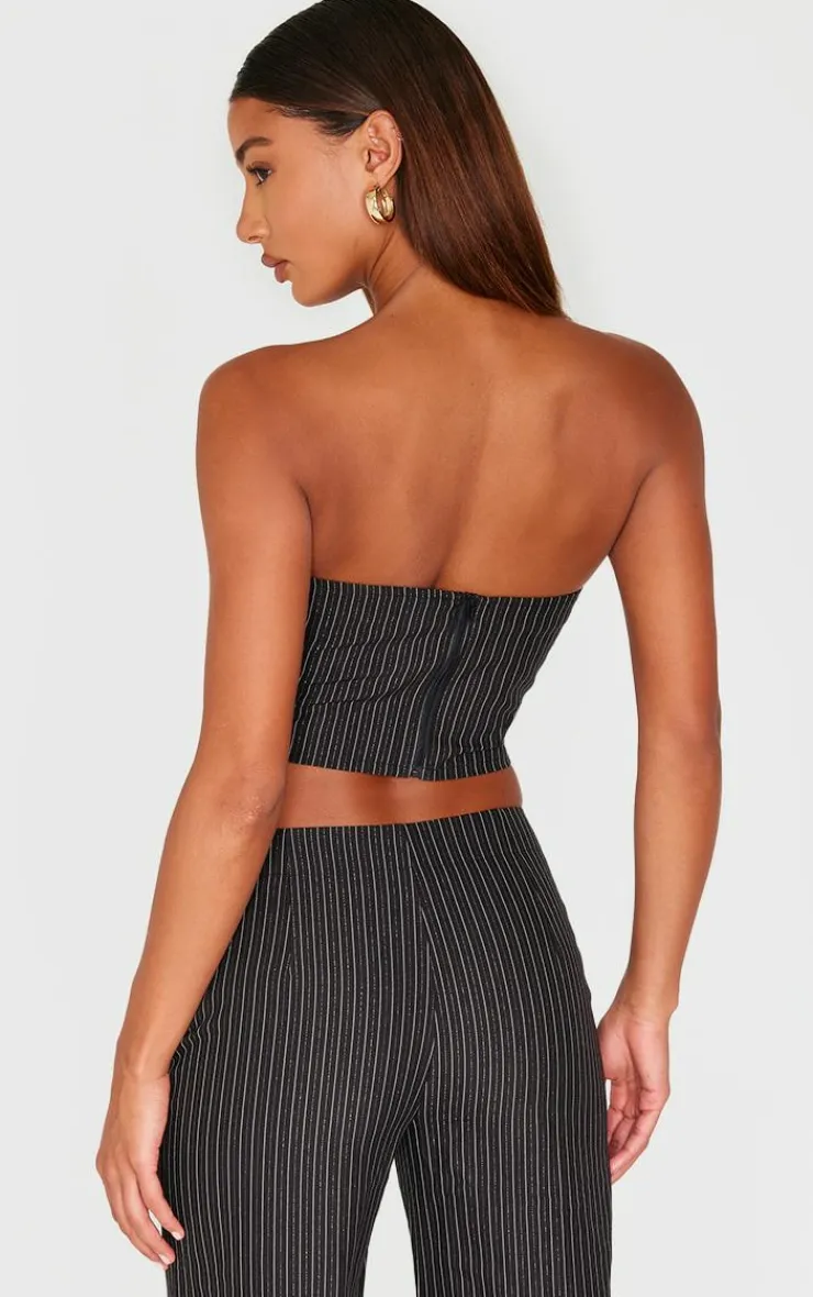Online PrettyLittleThing Tailored Woven Glitter Pinstripe Bandeau Top Black