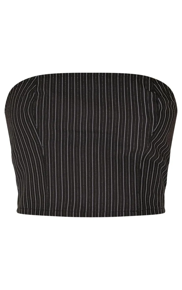 Online PrettyLittleThing Tailored Woven Glitter Pinstripe Bandeau Top Black