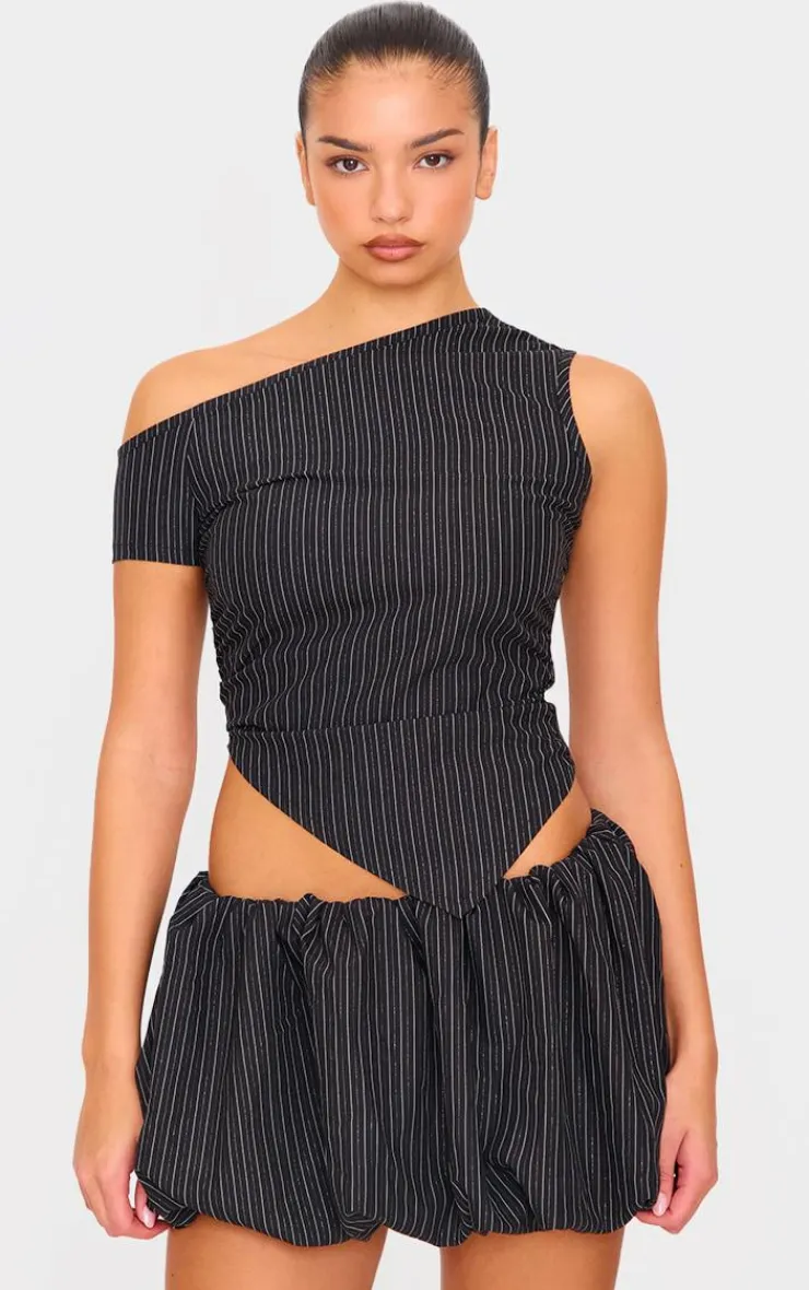 Clearance PrettyLittleThing Tailored Woven Glitter Pinstripe Asymmetric Top Black