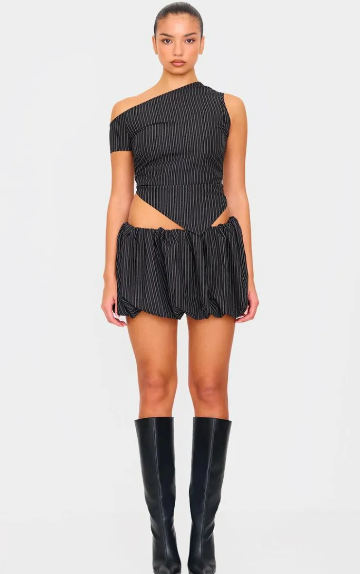 Clearance PrettyLittleThing Tailored Woven Glitter Pinstripe Asymmetric Top Black