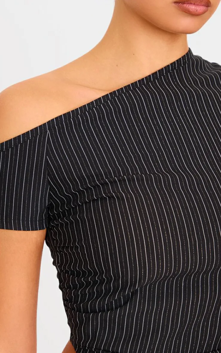 Clearance PrettyLittleThing Tailored Woven Glitter Pinstripe Asymmetric Top Black