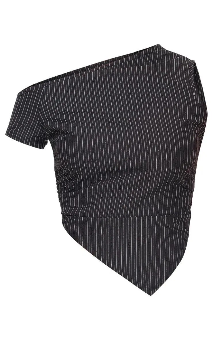 Clearance PrettyLittleThing Tailored Woven Glitter Pinstripe Asymmetric Top Black