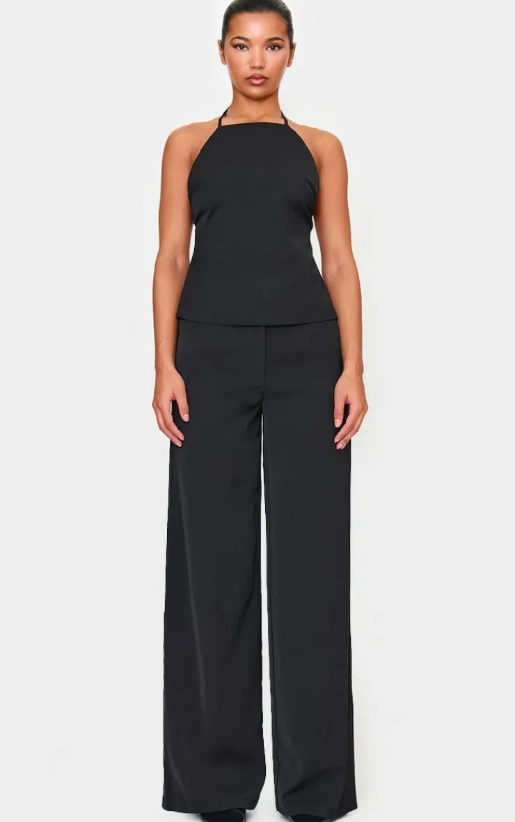 New PrettyLittleThing Tailored Woven High Waist Wide Leg Pants Black