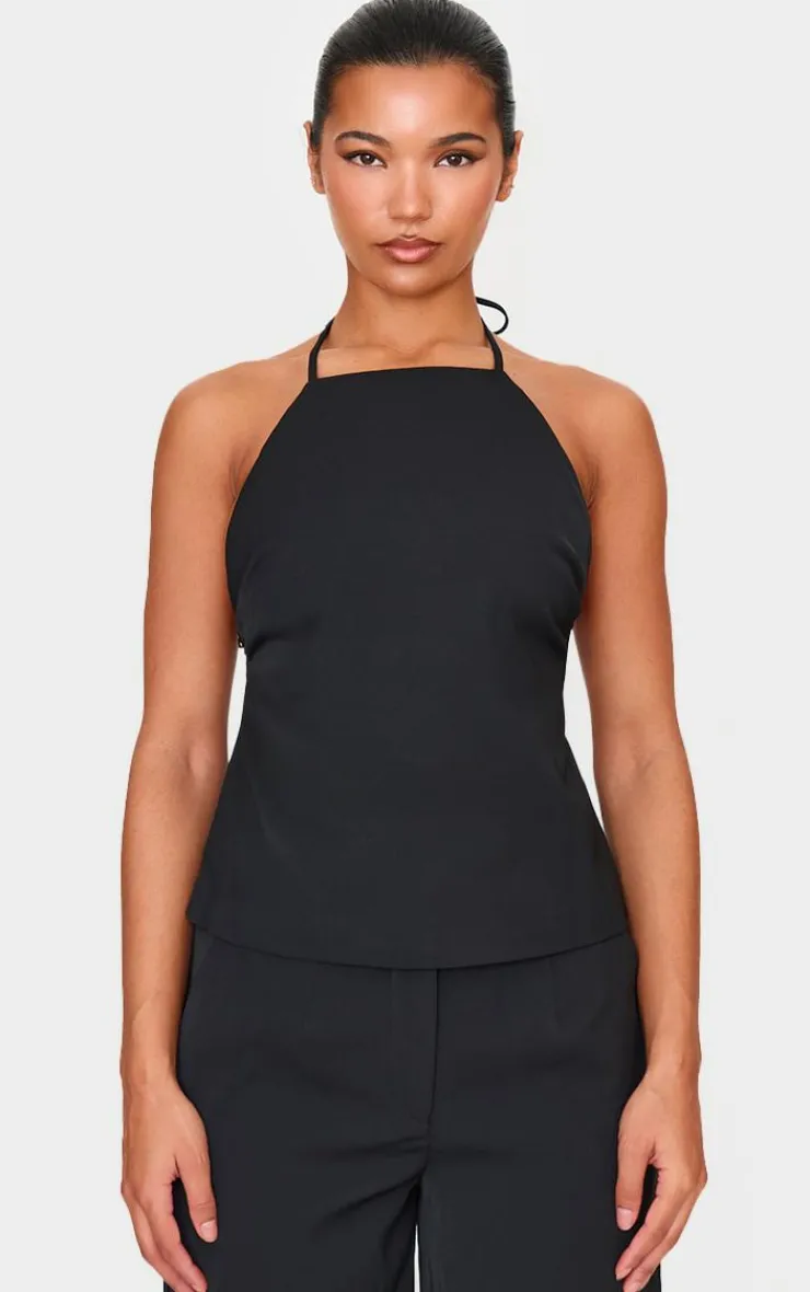 New PrettyLittleThing Tailored Woven Open Back Long Line Top Black