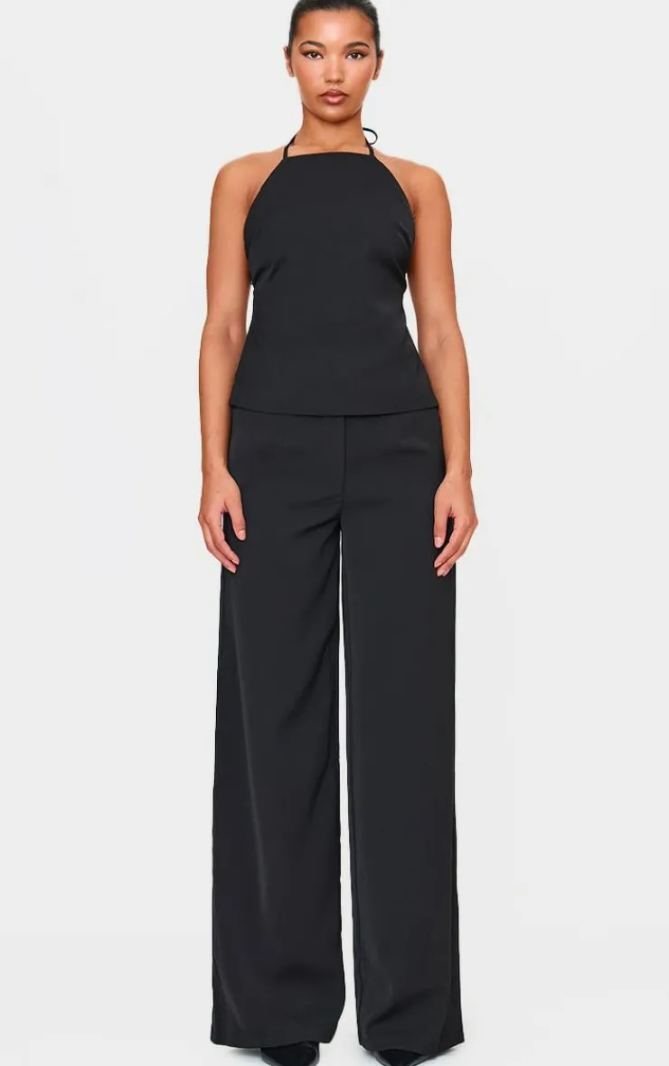 New PrettyLittleThing Tailored Woven Open Back Long Line Top Black