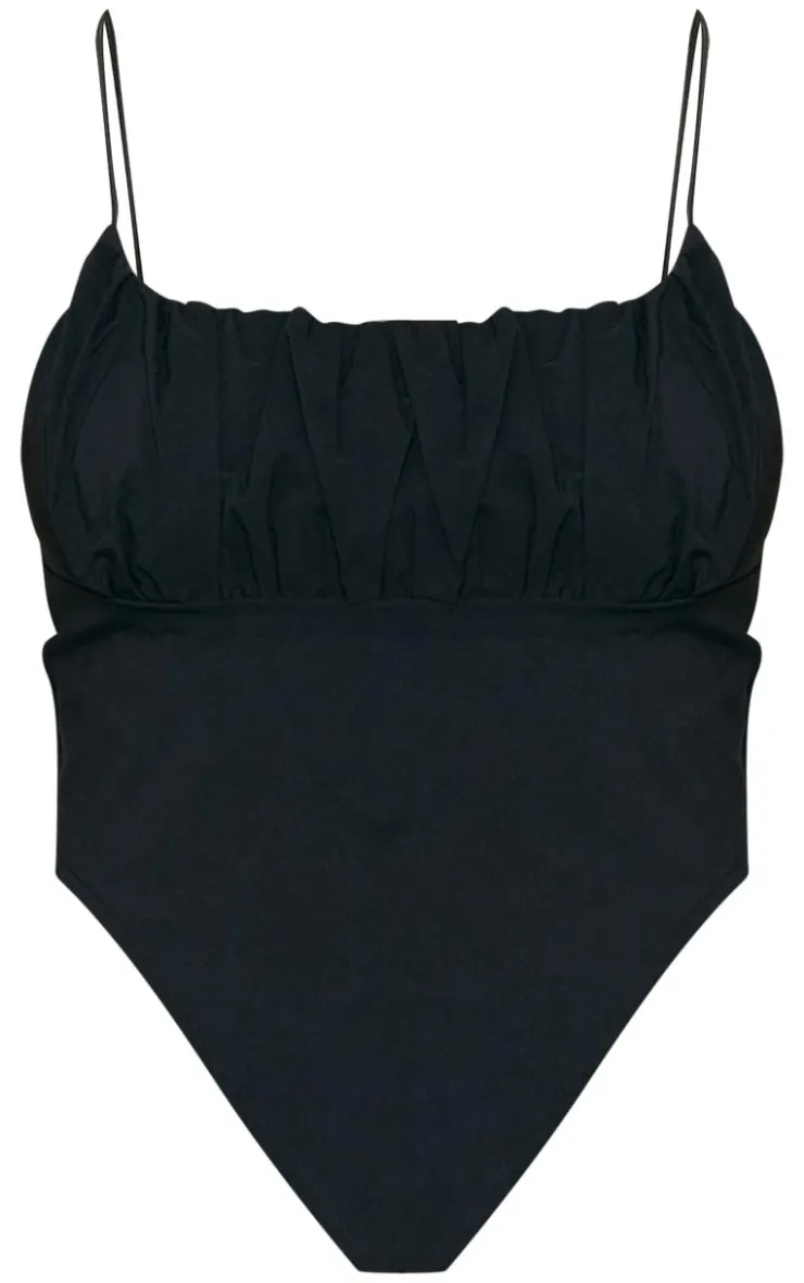 Online PrettyLittleThing Tailored Woven Ruched Front Corset Black