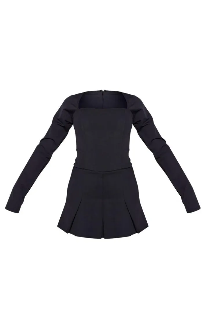 Black Tailored Woven Square Neck Pleated Skort Romper