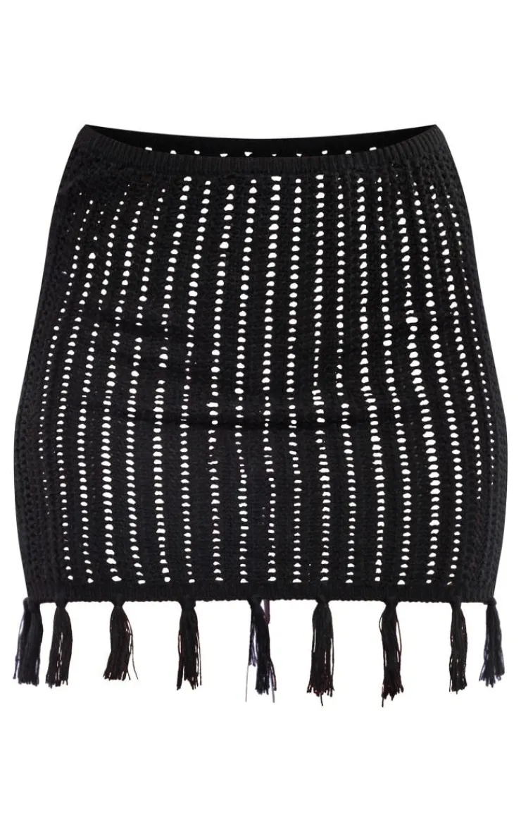 PrettyLittleThing Tassel Crochet Low Waist Mini Skirt Black