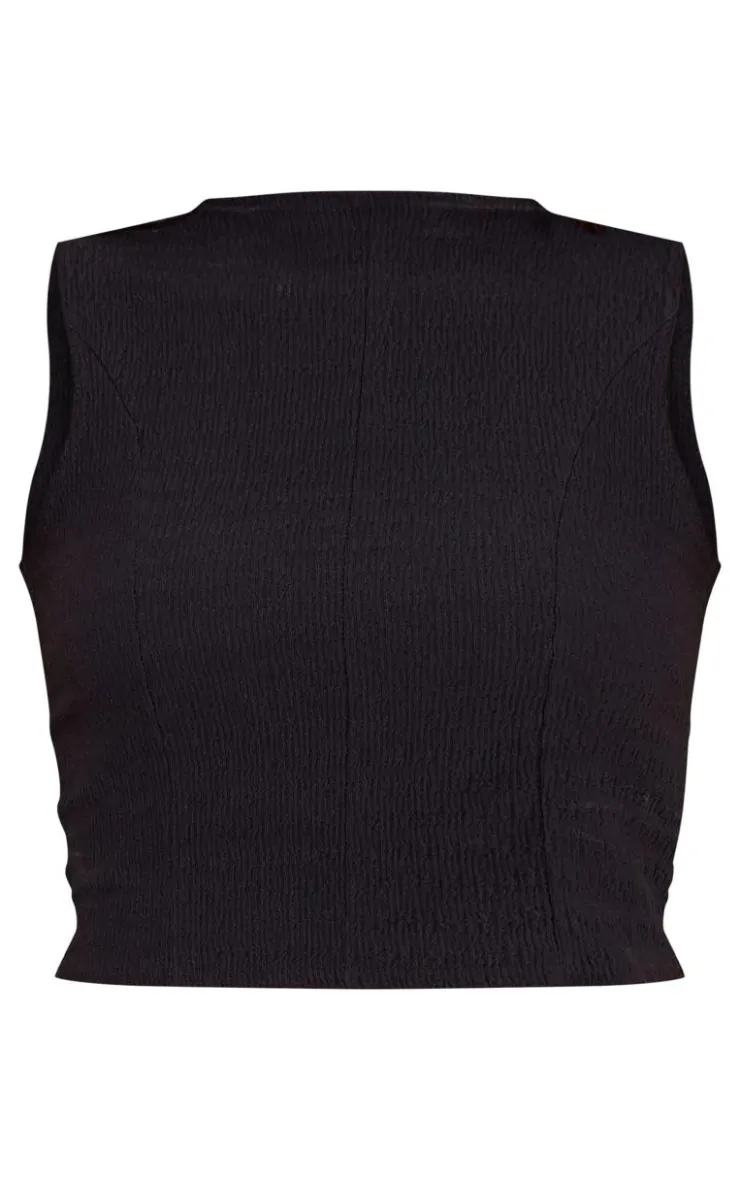 New PrettyLittleThing Texture High Neck Seam Detail Long Top Black
