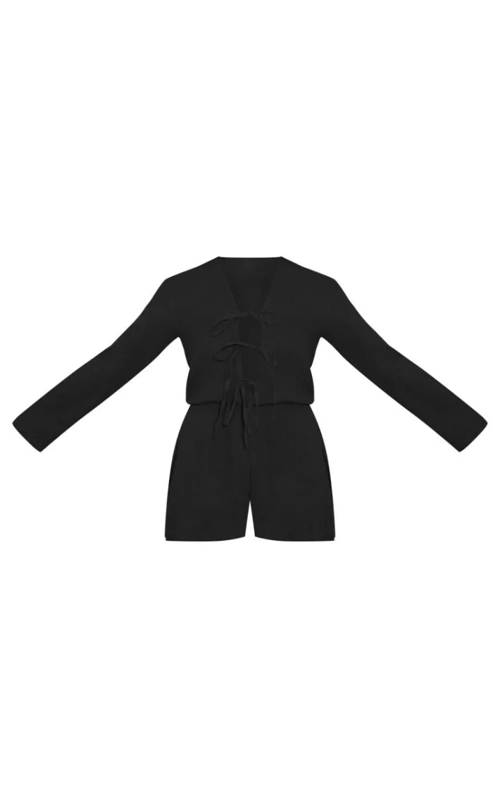 Black Textured Cheescloth Tie Front Romper