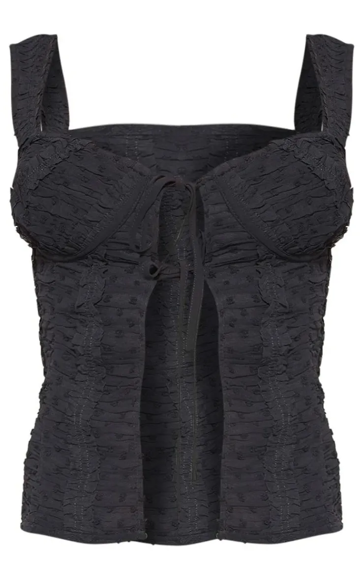 Outlet PrettyLittleThing Textured Chiffon Frill Tie Front Long Top Black