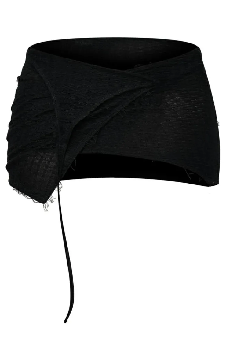 Outlet PrettyLittleThing Textured Jersey Fold Over Tie Detail Micro Mini Skirt Black