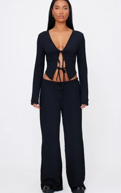 Discount PrettyLittleThing Textured Low Rise Wide Leg Pants Black