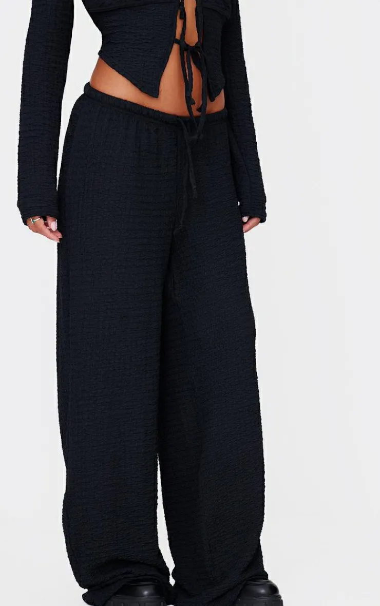 Discount PrettyLittleThing Textured Low Rise Wide Leg Pants Black