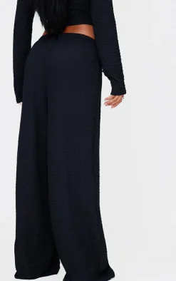 Discount PrettyLittleThing Textured Low Rise Wide Leg Pants Black