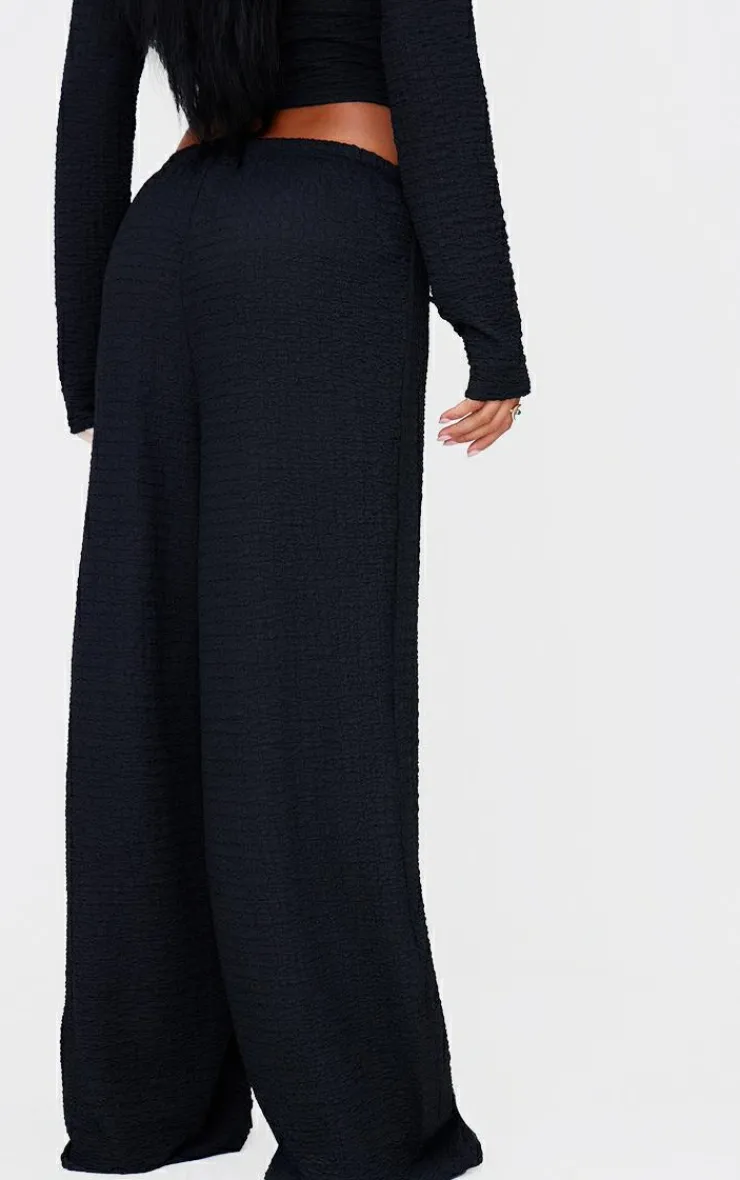 Discount PrettyLittleThing Textured Low Rise Wide Leg Pants Black