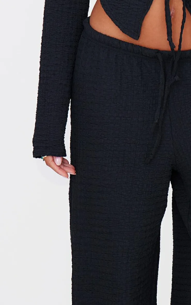 Discount PrettyLittleThing Textured Low Rise Wide Leg Pants Black