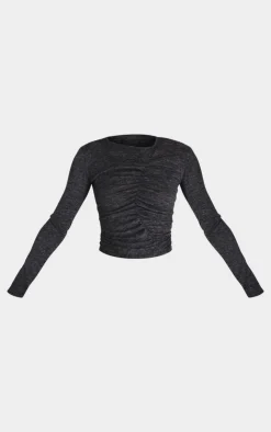 PrettyLittleThing Textured Marl Ruched Front Long Sleeve Top Black