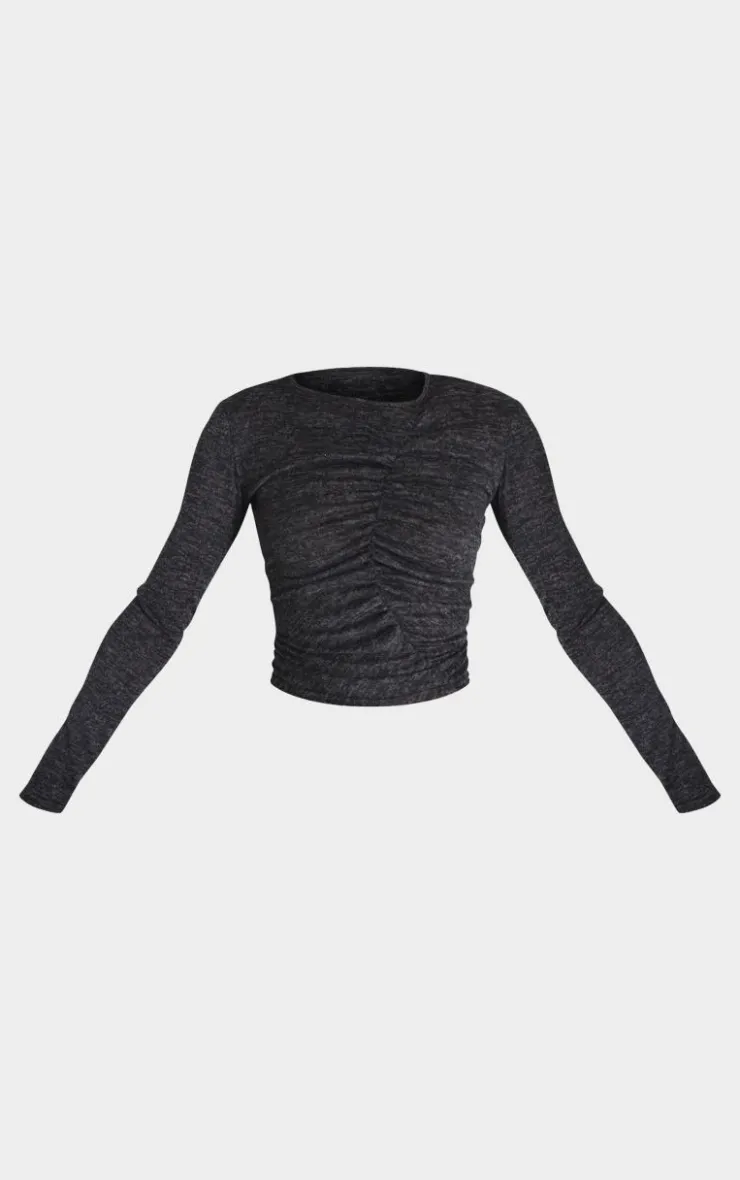 PrettyLittleThing Textured Marl Ruched Front Long Sleeve Top Black