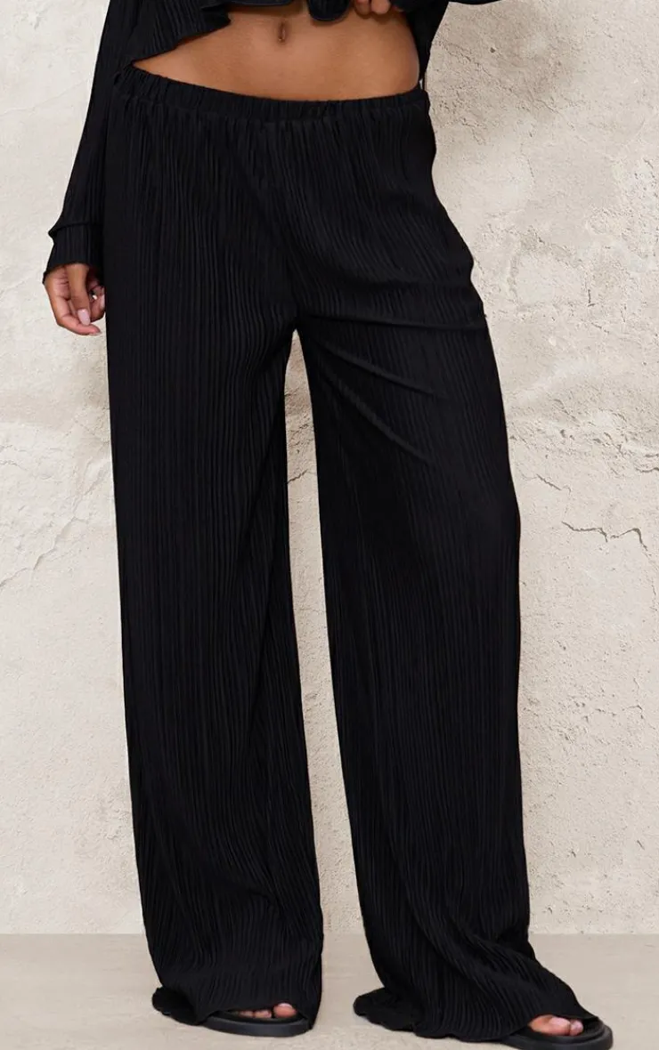 Hot PrettyLittleThing Textured Pleated Wide Leg Pants Black