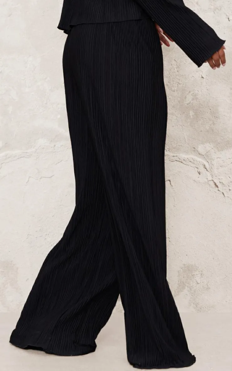 Hot PrettyLittleThing Textured Pleated Wide Leg Pants Black