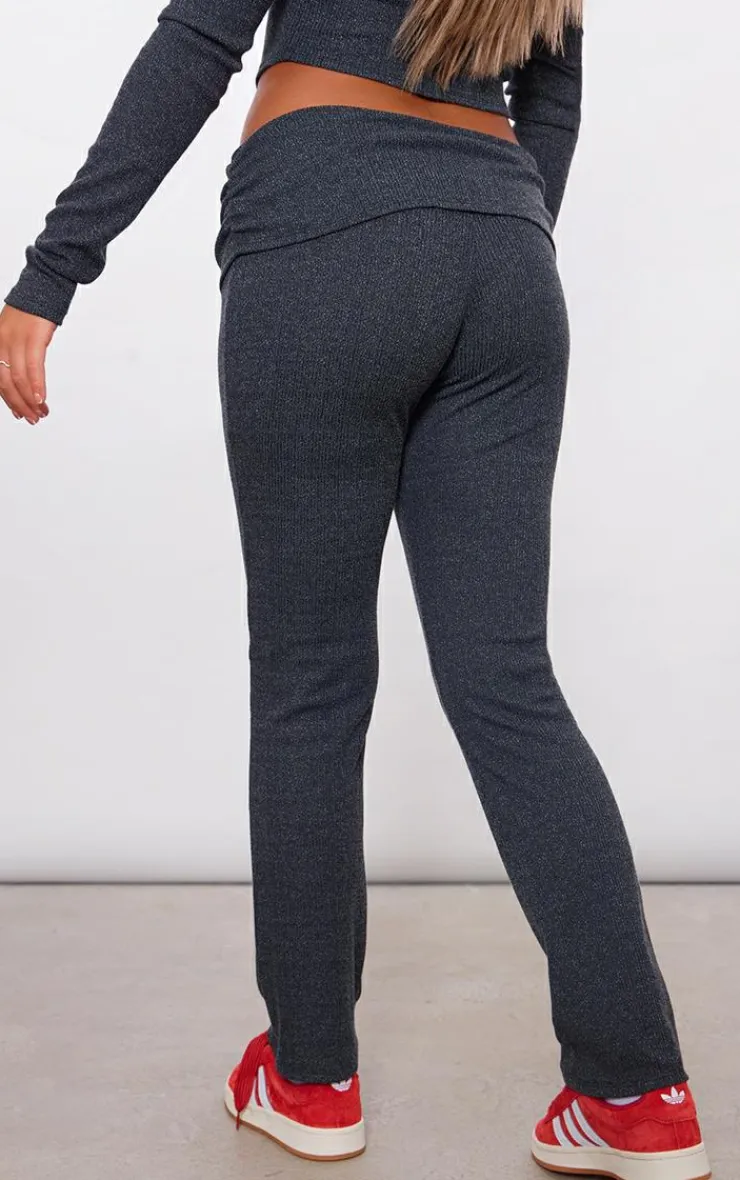 Hot PrettyLittleThing Textured Rib Jersey Fold Over Waistband Skinny Flared Pants Black