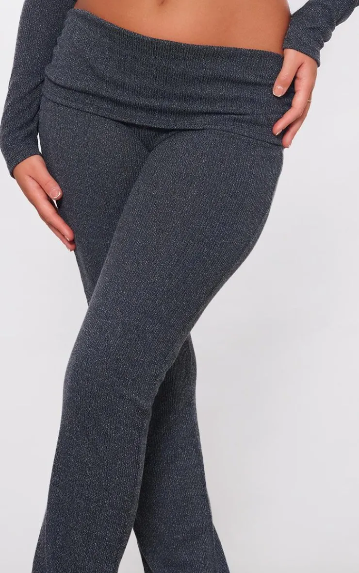Hot PrettyLittleThing Textured Rib Jersey Fold Over Waistband Skinny Flared Pants Black