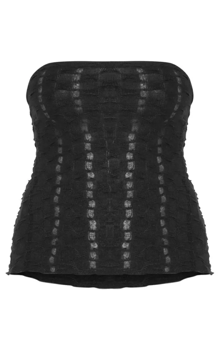 Online PrettyLittleThing Textured Rib Longline Flared Hem Bandeau Top Black