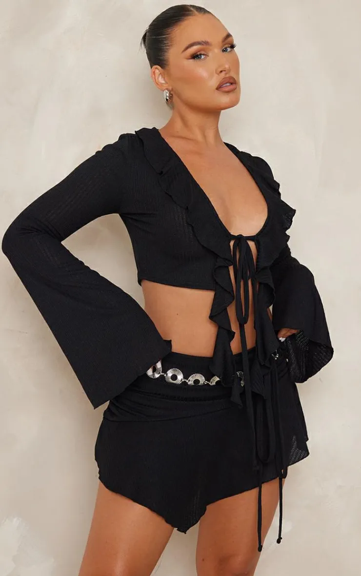 Clearance PrettyLittleThing Textured Rib Ruffle Front Detail Crop Top Black