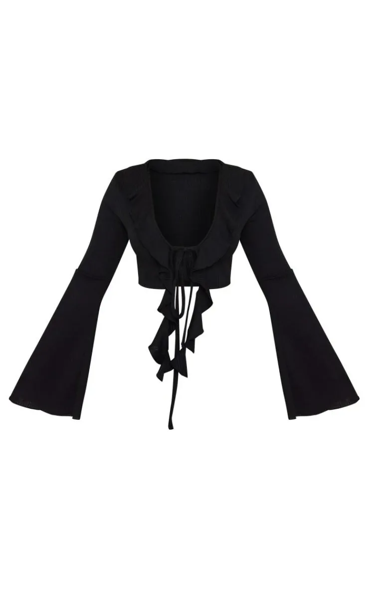 Clearance PrettyLittleThing Textured Rib Ruffle Front Detail Crop Top Black
