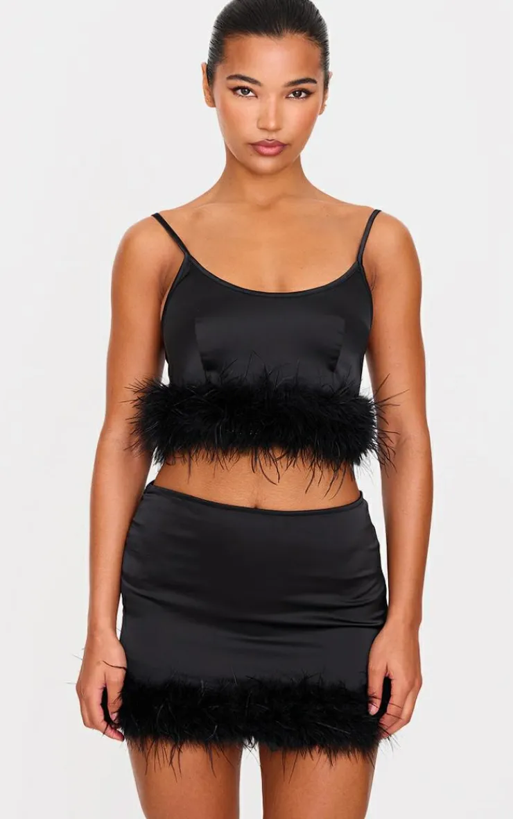 Discount PrettyLittleThing Textured Satin Feather Trim Mini Skirt Black